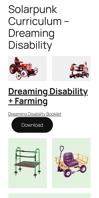 A screenshot of the website showing how the booklet is downloadable. White background with black text and two collages with red farming tools at the top.