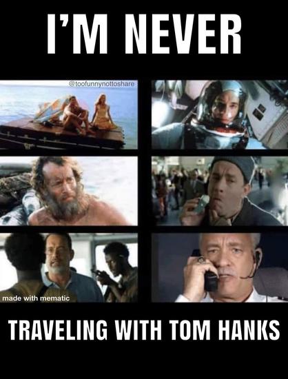 Pictures from different tom hanks films where he is stranded our lost including Apollo 13, cast away, the terminal