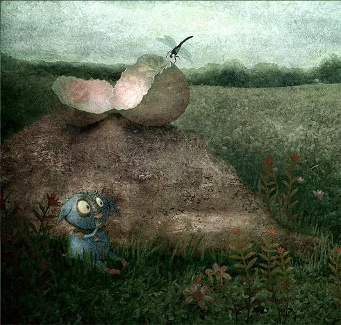 The Mysterious Monster March: JUST HATCHED
One cloudy morning a just-hatched baby monster sits alone in the grass next to a large boulder. It shivers with cold and hunger. Above, it's cracked egg balances precariously, while a hovering dragonfly looks down with interest. In the far distance, three quarreling monsters argue about who is responsible for an escaped pink balloon. NOTE: This description created especially for my lovely blind friend, Georgiana. :-)