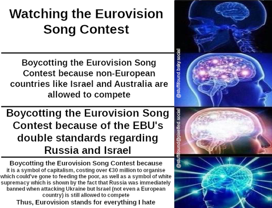 Watching the Eurovision Song Contest: [inactive brain]
Boycotting the Eurovision Song Contest because non-European countries like Israel and Australia are allowed to compete: [slightly active brain]
Boycotting the Eurovision Song Contest because of the EBU's double standards regarding Russia and Israel: [brain so active it glows]
Boycotting the Eurovision Song Contest because it is a symbol of capitalism, costing over €30 million which could've gone to feeding the poor, as well as a symbol of white supremacy which is shown by the fact that Russia was immediately banned when attacking Ukraine but Israel (not even a European country) is still allowed to compete, thus, Eurovision stands for everything I hate: [brain so hyperactive it expands to other minds]