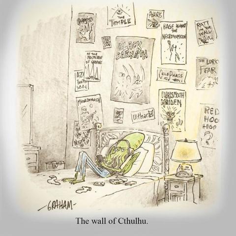 A cartoon illustration of a surly teenage Cthulhu listening to music on headphones in a bedroom covered in rock posters. Caption reads "The wall of Cthulhu."