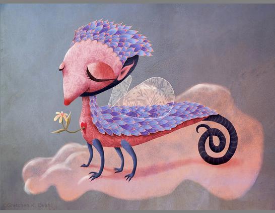 Four legs gently grip a soft cloud. It's long pink body is adorned with subtle patterns of flowering shapes and its translucent scales glow periwinkle blue. Gossamer wings unfold. With closed eyes, the shy creature smiles sweetly, while its heart blooms with an actual flower. NOTE: This description created especially for my lovely blind friend, Georgiana. :-)