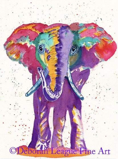 Rainbow Elephant watercolor features a beautiful forward-facing elephant painted abstractly using bright colors.  Splatters help bring the illustration to life, simulating movement.  Bright pink, yellow, turquoise, orange, and purple combine to create a joyful depiction of a much-loved animal we share this world with.  

It's no secret that elephants are among the most intelligent creatures in the world. They exhibit many of the same emotions expressed by humans; joy, anger, grief, compassion, and love. It is even said that an elephant never forgets and always grieves the passing of a loved one.