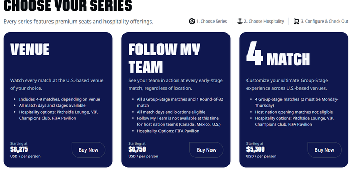 A screen capture of the process for selecting a hospitality package. The choices are Venue (starting at $8,275 per person), Follow My Team (starting at $6,750 per person), or 4 match (starting at 5,300 per person)