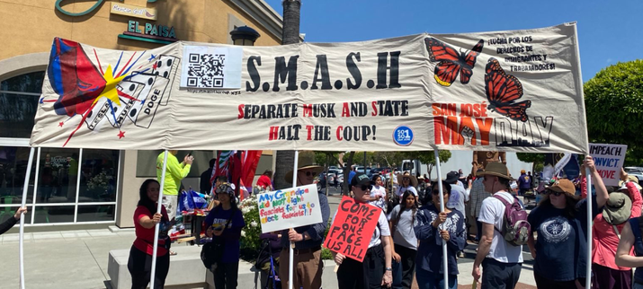 SMASH the Coup,  Separate Musk And State Halt the Coup. Sign at San Jose Rally on May1 2025