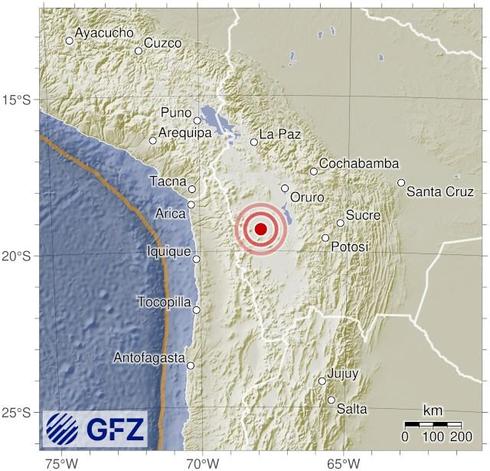 Map showing the earthquake of 2025-05-07 in Southern Bolivia