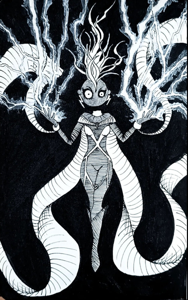 ilustracion en tinta y papel de tormenta, de xmen