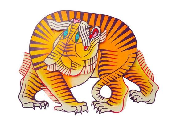 A vibrant, stylized sculpture of a roaring tiger with bold orange stripes and a dynamic pose on a white background.