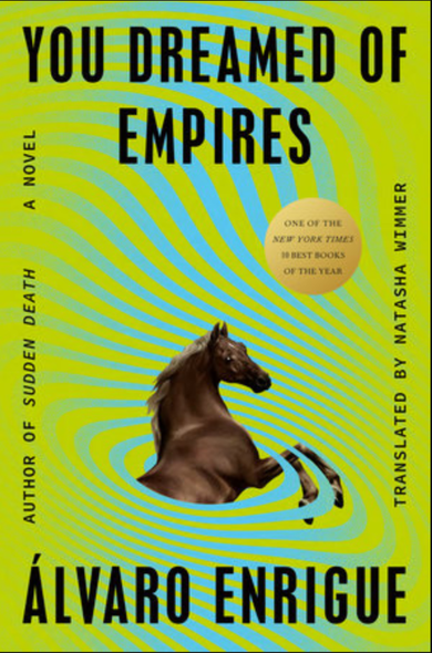 The cover of You Dreamed of Empires.  Neon green and blue swirls in a psychedelic circular pattern.  At the middle of the central circle is the front half of a brown horse in motion.