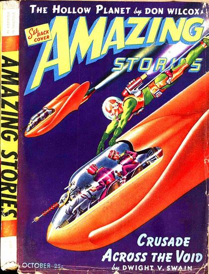 Two space ships and a figure in a rocket-propelled space suit are flying diagonally down across the image, the inhabitants of one armed ship looking intently out at the man in the suit.
Amazing Stories magazine cover from 1942.