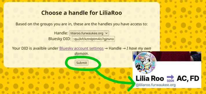 A partial screenshot of the new Bluesky handle self-service page on sewifurs.org, pointing to a cropped screenshot of Bluesky with one of the new handles.