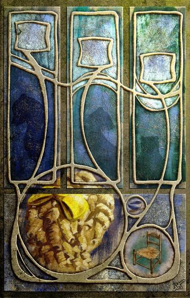 Stylized Art Nouveau illustration depicting characters from Goldilocks and the Three Bears upon heavily textured canvas panels with raised “clay” filigree in organic and flowing framing lines. Primary colors are golds, blues, browns, and greens.