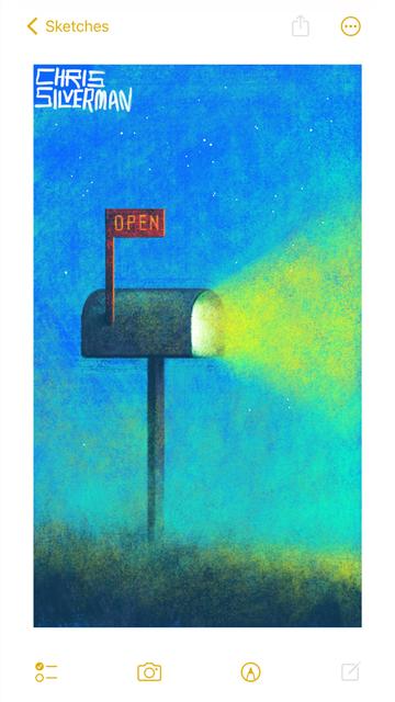 A mailbox stands under a starry blue sky. The door to the mailbox is open, and a bright yellow light blazes from within. The flag of the mailbox is raised. It's reddish and larger than usual, with the word. "open" on it in yellow letters. The painting is signed "Chris Silverman".