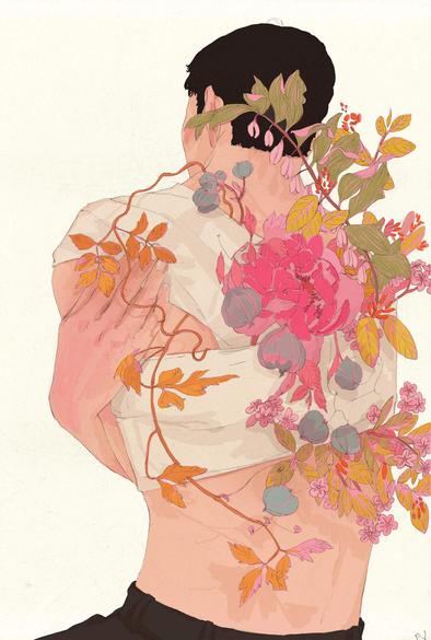 An illustration of a shirtless person seen from behind, with bandages across their torso, adorned with vibrant flowers and leaves emerging from their back.