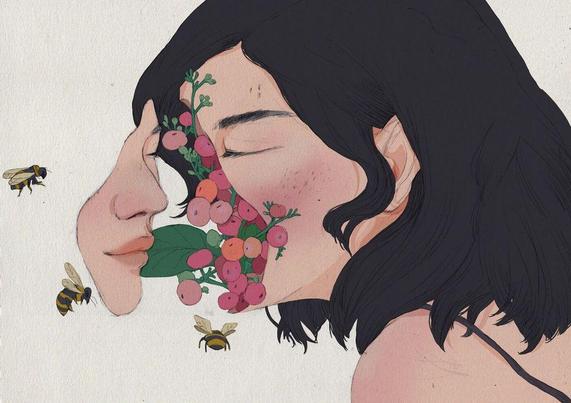 An illustrated woman with black hair has her face partially detached, revealing colorful flowers and berries inside, with three bees flying nearby.