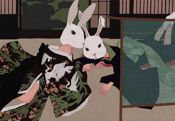 An illustration of two figures wearing rabbit masks, dressed in traditional attire, interacting playfully in a serene, minimalist room.
