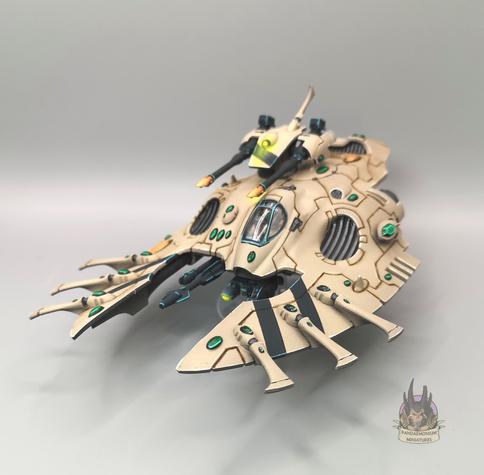 Wave Serpent with twin bright lances and shuriken cannon (front-left rotation view)
