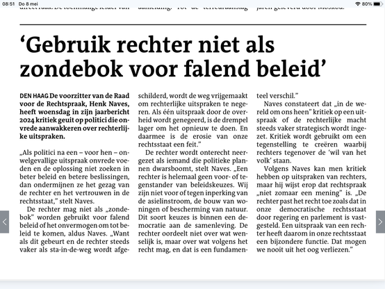 Screenshot van artikel in DvhN met als kop: “Gebruik rechter niet als zondebok voor falend beleid”
Dit artikel heeft dezelfde strekking als het bericht waar de link naar verwijst.
