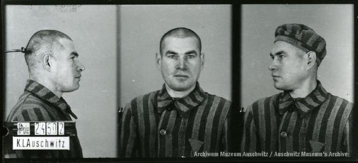 A mugshot registration photograph from Auschwitz. A man with a shaved head wearing a striped uniform photographed in three positions (profile and front with bare head and a photo with a slightly turned head with a hat on). The prisoner number is visible on a marking board on the left.