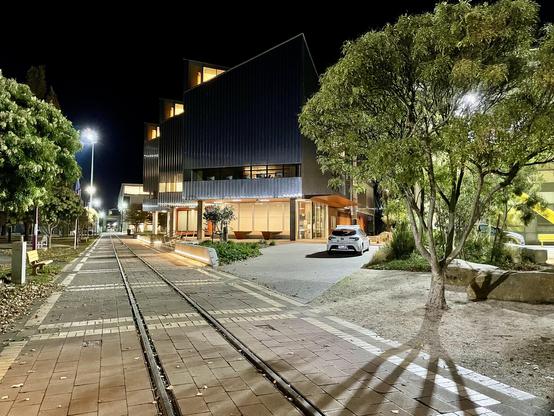 A tramway runs along the main pedestrian street. Night time. Modern buildings. Trees. Lights.