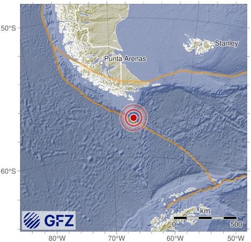 Map showing the earthquake of 2025-05-08 in Drake Passage