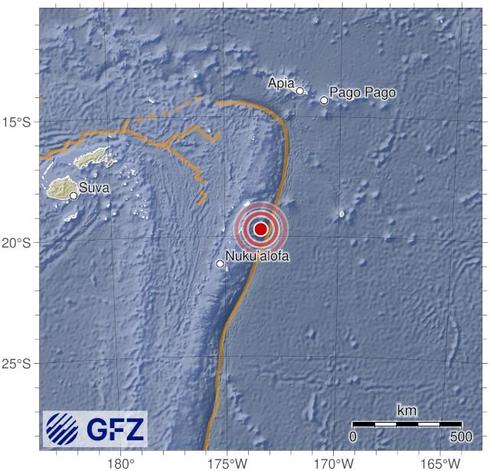 Map showing the earthquake of 2025-05-08 in Tonga Islands