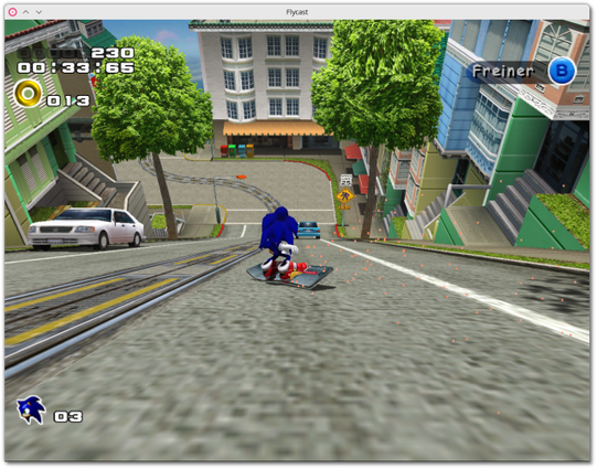 🕶️ A view of his IU with "Sonic Adventure 2", a 3D game featuring Sonic, as he rides down a San Francisco street on a helicopter metal plate, which he uses as a surfboard.

📚️ Flycast is a fork of Reicast, and a libre, multi-platform, single-player / multi-player (online) emulator of the SEGA Dreamcast, SEGA Naomi & Naomi 2 and SAMMY Atomiswave consoles. It supports 90% of Dreamcast games (both native and Windows CE), SEGA Naomi 1&2 games, state saves (savestates) and internal resolutions, VMU display (SEGA peripheral), making it one of the best SEGA Dreamcast emulators. It has its own compatible BIOS (BIOS HLE). You can also install the Dreamcast BIOS (files dc_boot.bin and dc_flash.bin, to be copied to ~/.local/share/flycast). Excellent!