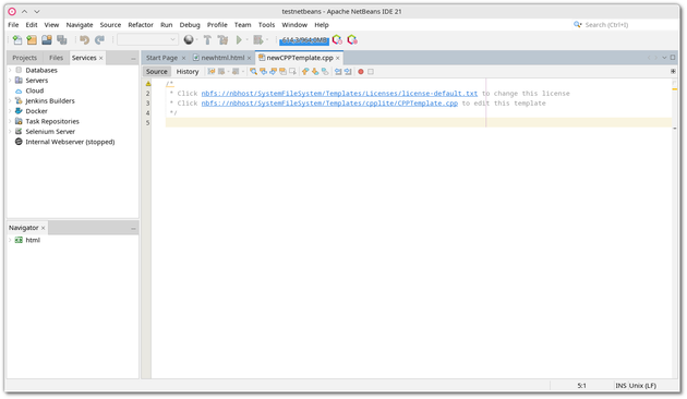 🕶️ A view of its UI (v21, on my PC) with an example template in C++, and in another tab, an HTML template. On the left, access to various services (servers, Jenkins Builders, Docker, etc.), and at the top, the main menus.

📚️ Apache NetBeans is a libre, multi-platform IDE, framework and programming platform. It supports Java (its favorite language), JavaScript, PHP, HTML5, CSS, Ruby, XML, C/C++, Python, Fortran, and others via its plugin system. In particular, it provides an editor with syntax and semantic highlighting, a graphical interface and Web page editor, wizards (for starting a project) and templates.