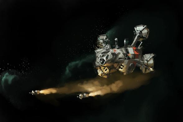 Digital painting of spaceship firing a pair of missiles, trailing smoke