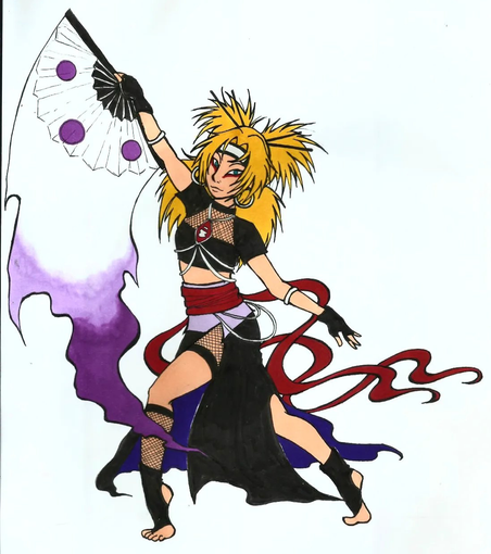 ilustracion en tinta y rotuladores de alcohol en papel, de Temari, personaje de Naruto, en version bailarina tribal fusion