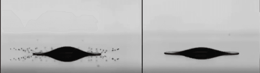 Two black and white images of a droplet impacting a surface. On the left, an uncharged droplet splashes. On the right, an electrically charged droplet spreads without splashing.