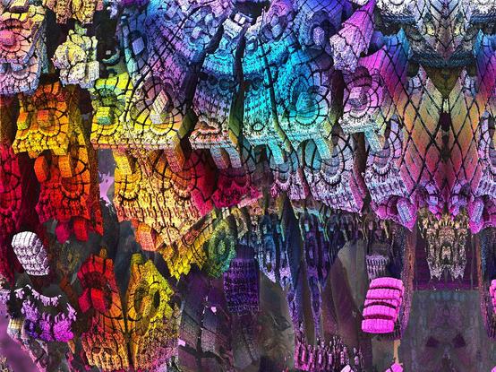 Melting gothic mandelbulb structure with rainbow dappled coloring