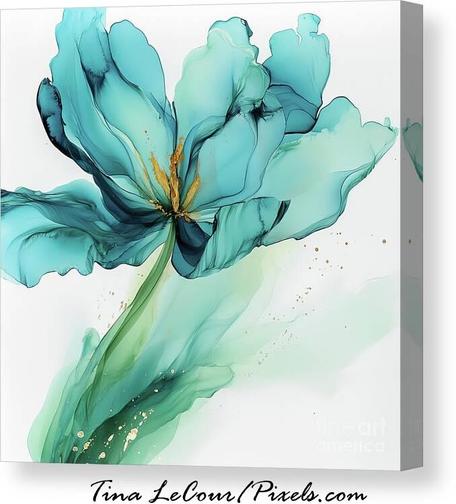 This is a canvas of a pretty turquoise  tulip flower done with a watercolor effect against a white background.