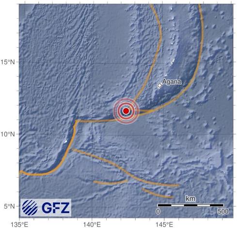 Map showing the earthquake of 2025-05-08 in South of Mariana Islands