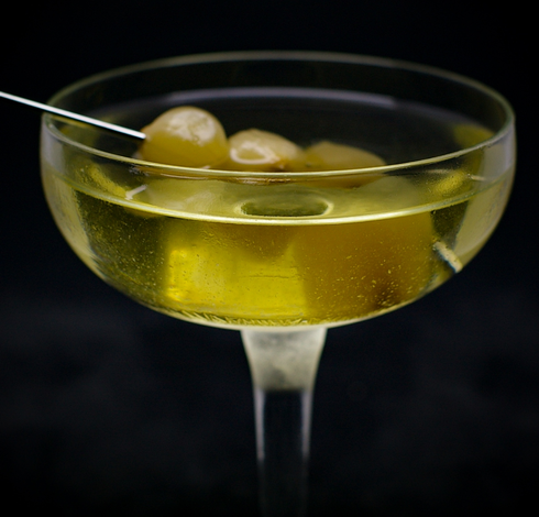 The cocktail itself in a chilled coupe and garnish with some cocktail onions