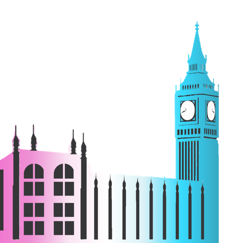 Image shows the houses of parliament  in the trans flag colours: pink white and blue.
