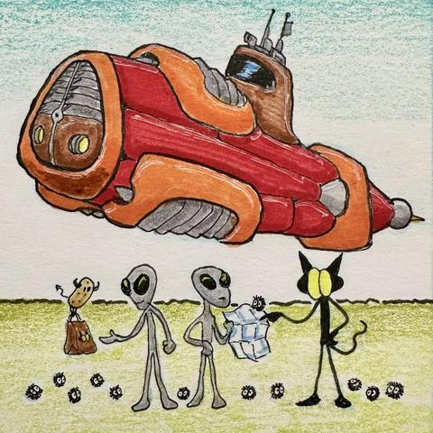 Drawing of a little gremlin showing an alien directions on a map while another alien buys a bag of cookies from a deviled potato. A brightly colored spaceship hovers above them