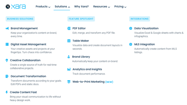 Xara website Solutions menu:

BUSINESS SOLUTIONS
Brand Management: Keep your organization’s content on-brand, every time
Digital Asset Management:  Your creative assets and projects at your fingertips. Turn chaos into confidence. 
Creative Collaboration: Create a single source of truth for real-time collaborative projects
Document Transformation: Transform documents according to your goals. Edit PDFs and static docs.
Create Content Fast: Bring your visual communication to life without heavy design work. 

FEATURE SPOTLIGHT
PDF Editor: Edit, merge, and transform any PDF file. 
Table Maker: Visualize data and create document layouts in seconds.
Brand Library: Automatically keep your content on-brand 
Analytics and insights: Track document performance.
Web-to-Print Marketing (New)

INTEGRATIONS
Data Visualization: Visualize Excel & Google sheets with charts & infographics
MLS integration: Automatically create content from MLS listings.