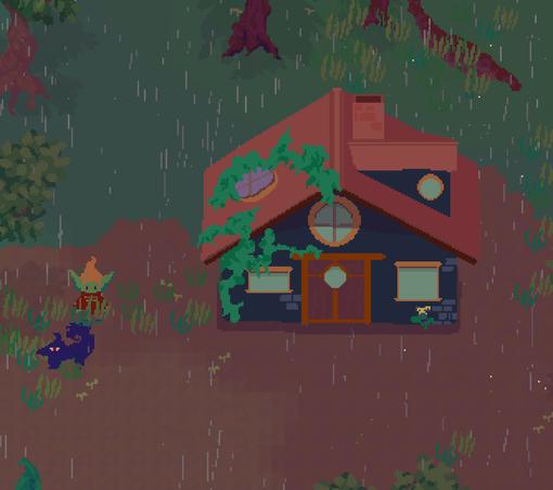 Screenshot of a pixelart 2D game. It shows a Goblin and a blue dog beneath a dark blue brick house with reddish roof.