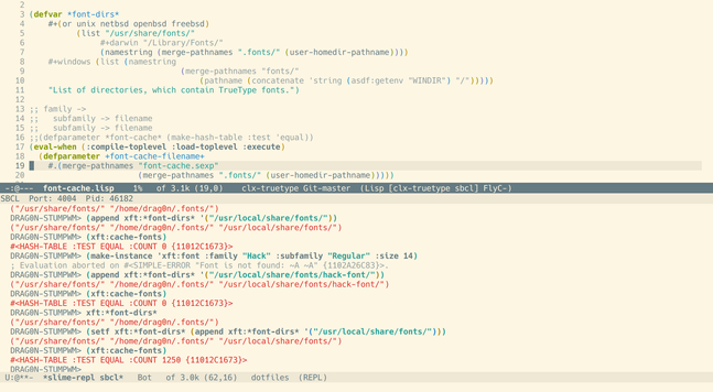 Emacs frame with two horizontal windows. On the top window is the font-cache.lisp from the cxl-truetype sources. Here the *font-dirs* definition which points to the wrong catalog (/usr/share/fonts) for FreeBSD.

On the bottom window there is SLiME REPL which is connected to the running instance of the StumpWM. There are the some commands in the REPL to check the xft:*font-dirs* variable, modify it to add the right path (/usr/local/share/fonts) and successfull rerun of the (xft:cache-fonts)