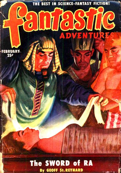 Three men in Ancient Egyptian clothing look down at the body of a young woman wrapped in strips of fabric, the scene lit from below by a golden glow. One of the men is holding another strip.
Fantastic Adventures magazine cover from 1951.