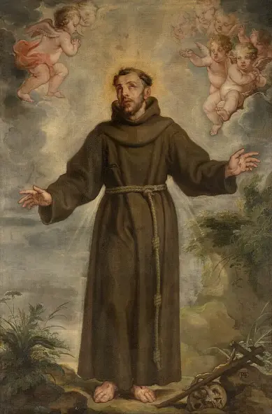 The image depicts a painting of Saint Francis of Assisi, who is shown with a humble expression and wearing a brown robe tied with a rope. He stands with his arms outstretched, and there are angelic figures or cherubs above him in the clouds. The background features a natural landscape, possibly symbolizing his connection to nature and the environment. The overall mood of the painting is serene and spiritual.

Image Credits: Wikimedia / Philip Fruytiers / Public domain