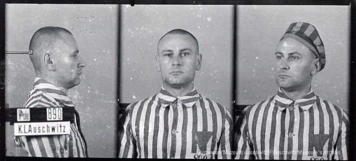 A mugshot registration photograph from Auschwitz. A man with a shaved head wearing a striped uniform photographed in three positions (profile and front with bare head and a photo with a slightly turned head with a hat on). The prisoner number is visible on a marking board on the left.