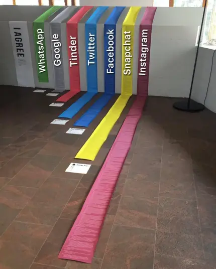 The terms of service of various social media services on long unreadable scrolls.
As part of a 2018 exhibit at the Bezalel Art and Design Academy by Dimitri Yarovinsky