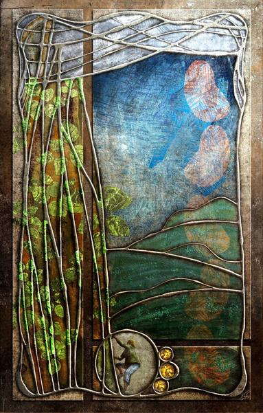 A stylized Art Nouveau-inspired illustration depicting a small Jack figure in the bottom of the picture plane ,climbing up a large beanstalk on the left that ascends on the canvas toward filigree clouds with a landscape over his shoulder in the distance.  Primary colors are blues and greens on a canvas texture with “foil” leaves.