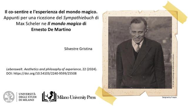Silvestre Gristina, 2024. “Il co-sentire e l’esperienza del mondo magico. Appunti per una ricezione del Sympathiebuch di Max Scheler ne Il mondo magico di Ernesto De Martino” pubblicato in  Lebenswelt. Aesthetics and philosophy of experience, 22 (2024) con DOI: https://doi.org/10.54103/2240-9599/25508.