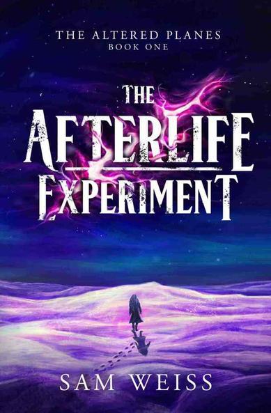purple cover for The Afterlife Experiment by Sam Weiss, Book 1 of the Altered Planes series. A silhouette of a lonely female figure walks away from the viewer into a desolate purple wasteland, with footprints behind her.