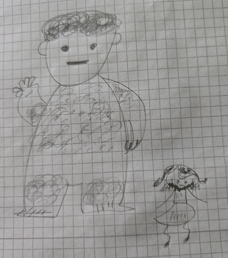 Ein Riese und ein*e Balletttänzer*in, gezeichnet mit Bleistift