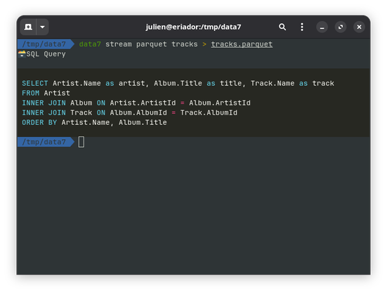 A screenshot showing a terminal using the "data7 stream parquet tracks > tracks.parquet" command