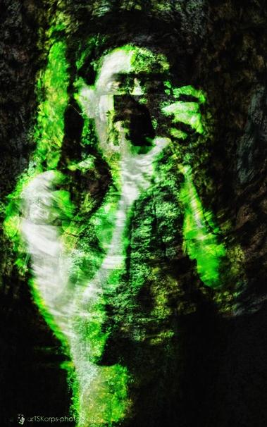 Color photograph, portrait format, multiple exposure, black with green nuances. Motion-blurred self-portrait of a woman looking into a mirror, so that the camera is in front of the face, but the eyes are visible. One of the faces looks at the viewer with a disturbingly "insane" expression. Through additional exposure with another portrait of the same person, the face is composed of two different expressions, thus appearing unreal. The green structures that overlay the body are created by mixing them with photographs of tree bark and clover leaves.